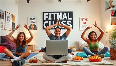 An energizing image of a virtual fitness class for students, featuring a diverse group of college students exercising together from their dorm rooms or campus, with motivational posters and healthy snacks in the background, illustrating a fun and supportive fitness community.