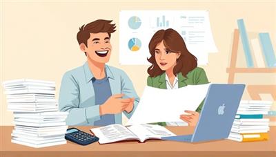 An illustration of a freelancer happily reviewing financial documents with a tax professional, surrounded by stacks of papers and a calculator, symbolizing tax optimization and financial efficiency in a freelance setting.