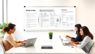 A sleek and professional virtual office setup with a team of writers brainstorming ideas, drafting documents on laptops, and collaborating on a digital whiteboard, reflecting creativity and teamwork in business writing solutions.