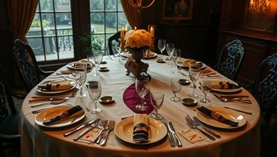 A beautifully set dining table with elegant decor and mysterious clues scattered around, showcasing a blend of fine dining elements and immersive storytelling props, creating an enticing and enigmatic dining experience.