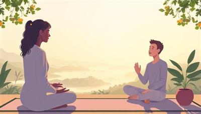 An illustration of a serene virtual coaching session with a coach guiding a client through mindfulness exercises on a tranquil virtual background, promoting relaxation and self-reflection in mental wellness coaching.
