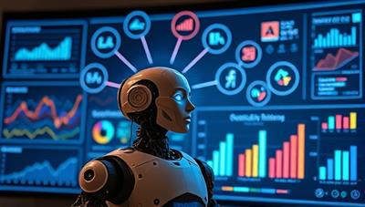 An AI-powered robot brainstorming ad copy ideas on a digital screen, surrounded by data analytics charts and creative marketing visuals, illustrating the platform's innovative approach to ad content creation.