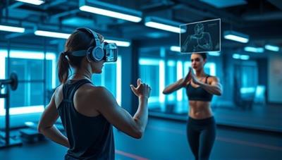 An engaging AR experience showing a user with a headset following a virtual trainer through a dynamic workout routine in a futuristic gym setting, highlighting the immersive and interactive nature of AR FitCoach.