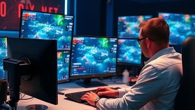 An image showing a professional esports coach analyzing gameplay footage with a player, providing strategic advice and feedback, surrounded by monitors displaying in-game action and statistics, emphasizing the personalized coaching and skill development offered by ProCoach Arena.