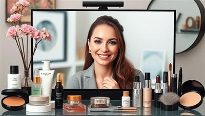 A virtual beauty consultation setup with a professional beauty expert on a video call, surrounded by a variety of skincare and makeup products, radiating positivity and expertise in the beauty industry.