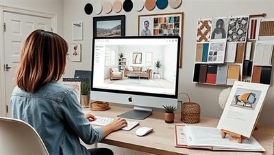 A virtual design studio setup with a designer creating a room visualization on a computer screen, surrounded by swatches, samples, and design sketches, inspiring creativity and transformation in interior spaces.