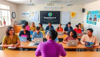 An interactive virtual classroom environment with diverse avatars engaging in skill-building activities, attending virtual workshops, and collaborating on projects, showcasing a dynamic and inclusive learning marketplace for personal and professional development on SkillSprint.