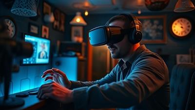 An intriguing image of a virtual reality escape room scenario, with a player wearing a VR headset and interacting with virtual objects in a mysterious and captivating environment, highlighting the immersive and exciting nature of the experience.