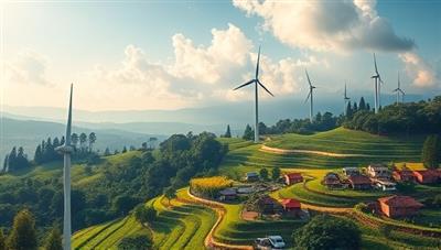 An inspiring visual of a lush green landscape with solar panels, wind turbines, and diverse communities benefiting from sustainable initiatives, symbolizing the positive environmental and social impact generated by EcoWealth Fund investments, conveying harmony between nature and finance.