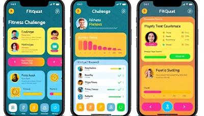 An engaging and colorful app interface displaying a variety of fitness challenges, progress trackers, and virtual rewards, creating a sense of excitement and motivation for users to participate in the FitQuest Challenge.