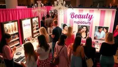 A bustling beauty pop-up event with attendees trying out makeup products, receiving beauty consultations, and posing for photos at a stylish and vibrant beauty booth, showcasing a lively and engaging beauty experience.