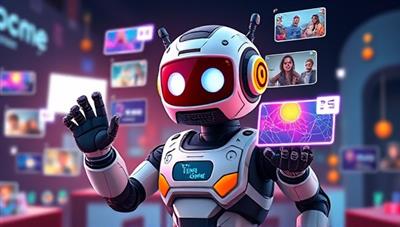 An animated depiction of a futuristic AI-powered robot generating dynamic video ads in real-time, with colorful graphics, text overlays, and engaging visuals, demonstrating the speed and versatility of VidGenie AI's video ad creation tool.