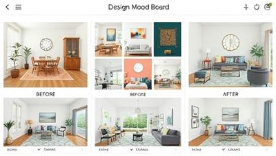 An interactive design mood board showcasing different interior styles, color schemes, and decor elements, with before-and-after photos of virtual design transformations, illustrating the impact of professional design consultations.