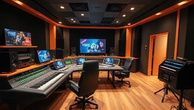 An immersive virtual music studio environment with state-of-the-art equipment, digital mixing consoles, soundproof booths, and collaborative spaces for music production teams to work together on projects, creating a vibrant and dynamic atmosphere for creative expression and learning.
