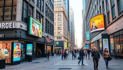 A bustling city street scene with digital screens strategically placed outside businesses, displaying vibrant and enticing ads tailored to the local community, illustrating the seamless integration of digital signage into the urban landscape.
