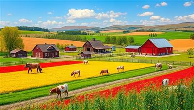 An inviting farm landscape with colorful fields, barns, and grazing animals, set against a backdrop of rolling hills and clear skies, inviting visitors to experience the beauty and tranquility of rural farm life in an educational and immersive setting.