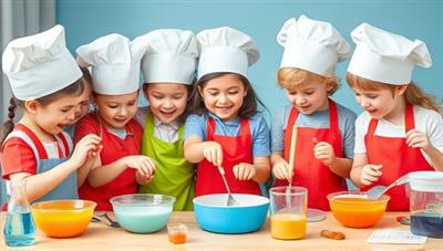 An enthusiastic group of children in chef hats and aprons conducting a colorful culinary experiment, surrounded by mixing bowls, ingredients, and lab equipment, showcasing the joy of learning through interactive cooking experiences.
