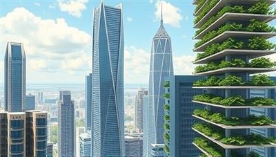 An image of a futuristic urban landscape featuring skyscrapers with integrated vertical farming systems, showcasing a sustainable and green city concept with fresh produce growing on multiple levels of the buildings.