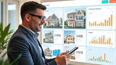 An investor browsing through a digital interface showing various real estate properties available for fractional investment, with interactive charts and investment performance data displayed, conveying convenience and transparency in real estate investing.