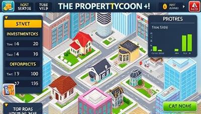 A colorful and dynamic game interface featuring virtual properties, investment metrics, and strategic decision-making prompts, inviting players to immerse themselves in the world of PropertyTycoon and test their real estate investment skills.