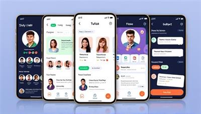 An engaging app interface mockup displaying student profiles, subject categories, and interactive study tools, with virtual chat features and scheduling options for connecting with peer tutors, fostering a sense of academic community and support.