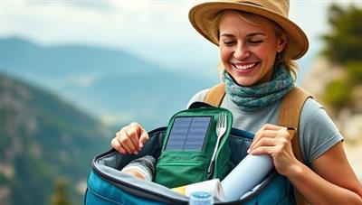 An image of a traveler happily unpacking a sustainable travel kit from EcoGear Hub, featuring a solar charger, reusable utensils, and a compact water filter, with a scenic natural backdrop, promoting eco-conscious travel practices and responsible tourism.