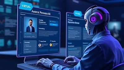 A futuristic visual of a user interacting with a virtual career advisor powered by AI, displaying personalized career recommendations and job opportunities on a digital interface, symbolizing advanced career guidance and decision-making support.