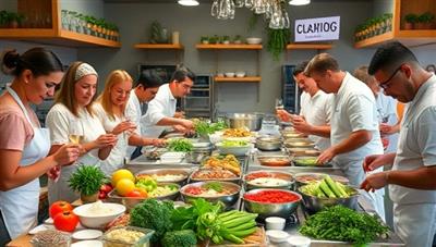 A vibrant culinary workshop filled with fresh ingredients, cooking stations, and participants joyfully preparing dishes under the guidance of a chef, with wine glasses clinking in the background and aromatic scents of herbs and spices filling the air, creating a sensory-rich culinary atmosphere.