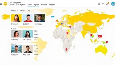 An online platform interface showcasing diverse language courses, virtual chat rooms in different languages, and a global map highlighting active language learners around the world, symbolizing connection and cultural exchange.