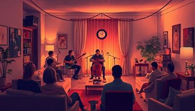 An atmospheric illustration of a cozy living room transformed into a mini-concert venue, with musicians performing live, audience members seated on plush sofas and chairs, and soft lighting creating a warm and inviting ambiance, evoking a sense of community and musical passion.