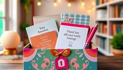 A vibrant and colorful subscription box filled with notebooks, pens, inspiring quotes, and a golden key symbolizing unlocking creative potential, set against a backdrop of a cozy writing nook with fairy lights and bookshelves.