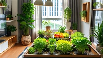 An image of a compact urban farming setup in a modern apartment, featuring smart gardening kits with flourishing herbs, vegetables, and fruits, surrounded by eco-friendly decor elements and natural light, creating a harmonious blend of technology and nature in urban living spaces.