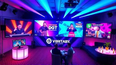 A colorful and dynamic virtual event setup with multiple screens displaying different activities like a live DJ set, interactive games, and a virtual networking lounge, creating a vibrant and engaging atmosphere.