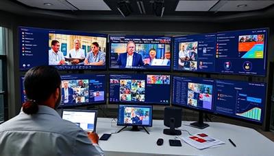 A virtual event planner coordinating a sophisticated online conference, with multiple screens displaying event schedules, interactive features, and participant engagement metrics, showcasing a professional and tech-driven event planning approach.