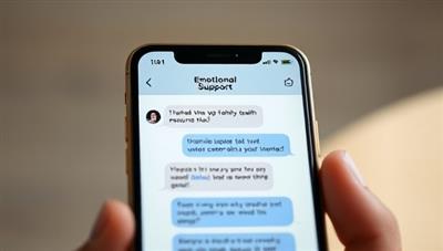 An emotional support chatbot interface on a smartphone screen, displaying comforting messages and mental health resources, with calming colors and visual elements that convey empathy and understanding, providing a safe space for users to seek help and guidance.