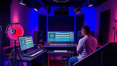 A virtual music production studio setup with a professional producer demonstrating mixing techniques on a digital audio workstation, surrounded by musical instruments, sound equipment, and creative studio lighting, illustrating the immersive and educational experience of virtual music production masterclasses.