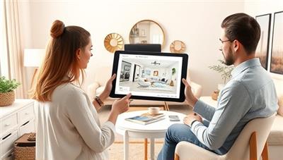 An artistic rendering of a virtual interior design consultation session, featuring a designer presenting a digital mood board and 3D room layout to a client on a tablet screen, surrounded by stylish furniture and decor samples, highlighting creativity and innovation.