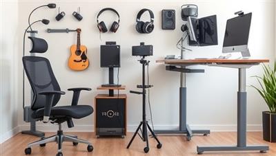 A diverse range of ergonomic office equipment displayed in a modern home office setting, including a comfortable chair, adjustable standing desk, noise-canceling headphones, and a high-quality webcam, showcasing the essentials for a productive remote work setup.