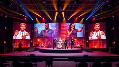 An interactive digital stage featuring a diverse range of event professionals showcasing their talents, from virtual hosts and technical experts to performers and entertainers, surrounded by virtual event elements like stages, lights, and digital screens, illustrating the platform's versatility and event expertise.