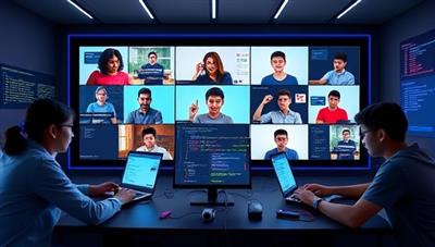 An interactive visual of a virtual coding bootcamp session, with enthusiastic teenage students collaborating on coding projects, receiving guidance from instructors through video conferencing, and showcasing their coding skills in a dynamic and engaging online learning environment, reflecting the essence of CodeGenius Teens as a hub for young coders.