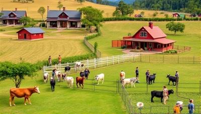 A picturesque farm landscape with cozy cottages, farm animals roaming freely, and guests participating in farm activities like picking fruits or feeding livestock, capturing the essence of agri-tourism and rural retreat experiences.