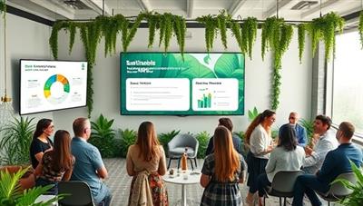 An eco-friendly themed virtual event with greenery decor, sustainable investment infographics displayed on screens, and diverse attendees networking and discussing impactful investment strategies, portraying a vibrant and purpose-driven community.