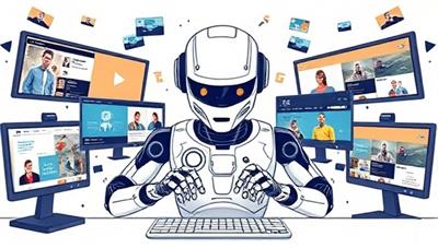 An illustration of a futuristic AI robot typing on a keyboard, surrounded by screens displaying diverse content formats, symbolizing rapid and efficient content creation.