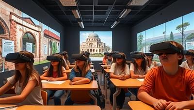 An immersive VR classroom setup with students wearing VR headsets, exploring a digital representation of a historical site or natural habitat, surrounded by educational visuals and interactive elements, fostering a sense of wonder and discovery.