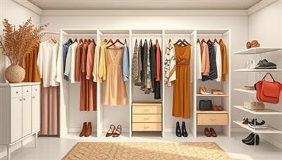 An aesthetic virtual wardrobe setup with digital style boards, clothing racks, and accessory displays, creating a visually appealing and personalized styling experience for clients seeking fashion inspiration and guidance.