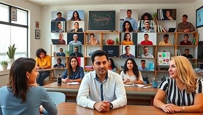 A vibrant virtual language classroom setting with diverse participants engaging in a language lesson led by a native speaker, showcasing the interactive and immersive learning experience within the LingoLink Virtual community.