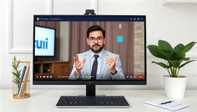 A virtual webinar setup featuring a dynamic presenter sharing financial insights and tips on a screen, with engaging visuals and interactive polls to enhance the learning experience for young adults seeking to improve their financial literacy.