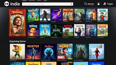 An online storefront showcasing a diverse collection of indie game titles, each with vibrant and artistic cover art, inviting players to explore and discover new indie gems within the IndieGame Hub marketplace, highlighting the creativity and diversity of indie gaming experiences.