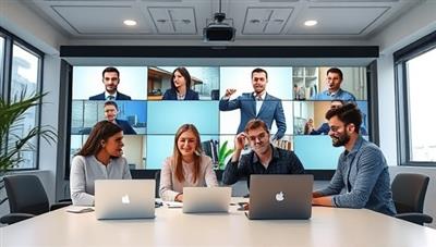 An image featuring a virtual conference room setting with a diverse group of professionals engaging in a telecommunication consultation session led by experts from TeleConsult Pro, illustrating the collaborative and insightful nature of the subscription-based service.