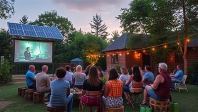 A sustainable image of an outdoor movie screening setup with solar panels powering the projector, attendees seated on upcycled or biodegradable seating options, surrounded by greenery and eco-friendly decor, creating a harmonious and environmentally conscious ambiance at an EcoCinema event.